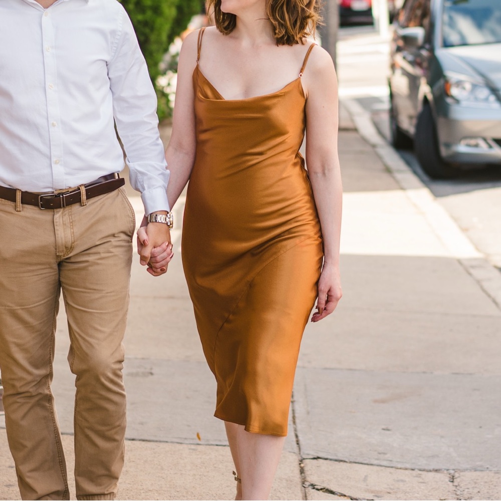 Park & Fifth Waldorf Satin Cowl Neck Copper/Gold/Rust Midi Dress